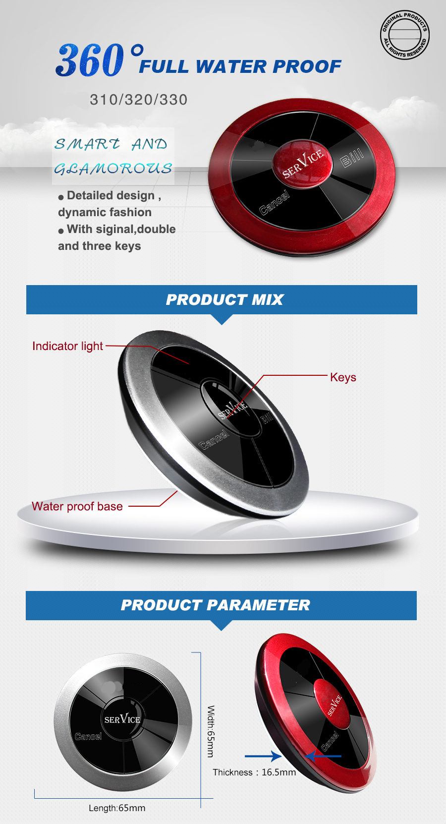 433.92Mhz restaurant wireless table service calling system 3 keys button and display paging system