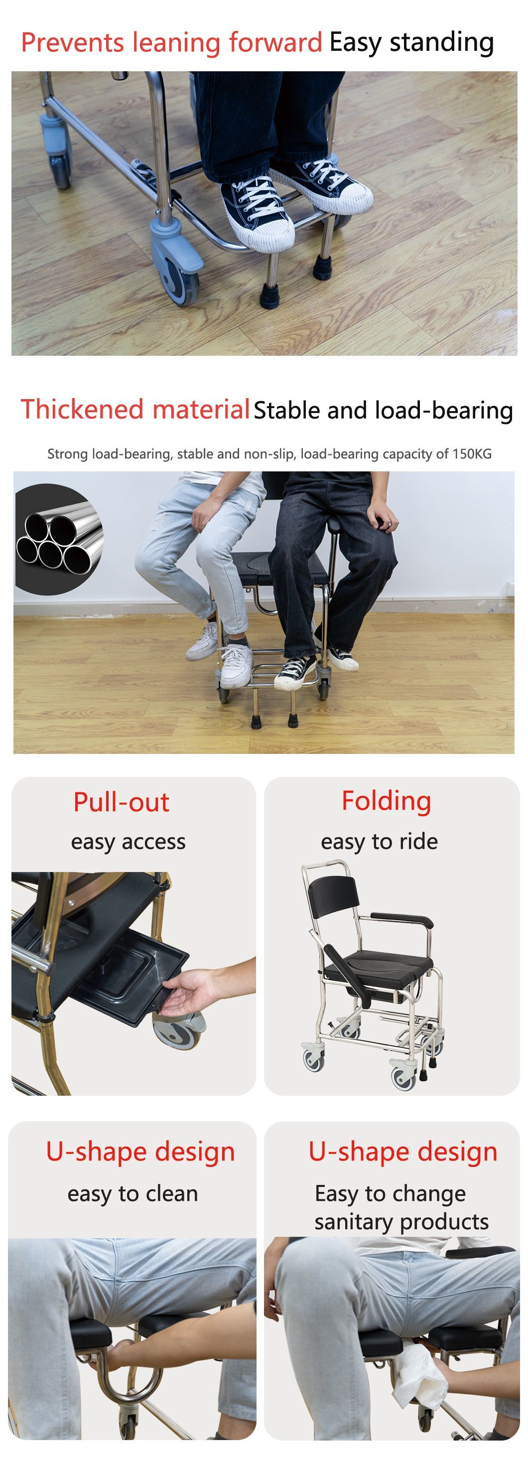 The Latest Waterproof Sturdy Toilet Wheelchair with Wheels, Suitable for The Elderly, Pregnant Women, and Children
