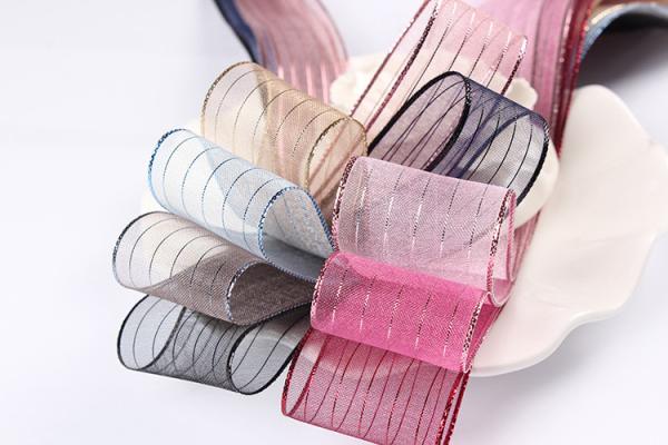 10mm-25mm Gold Line Striped Polyester Organza Ribbon for Gift Wrapping and Boxes