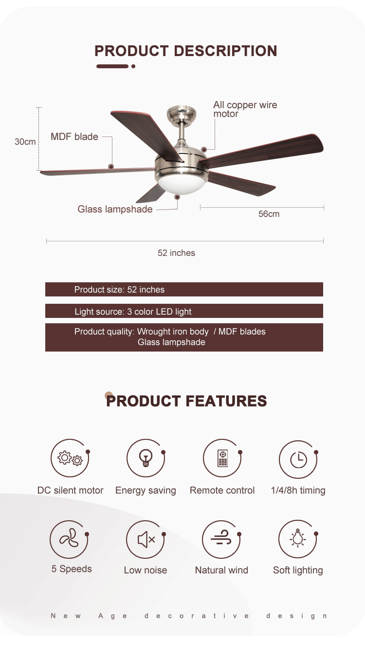 Metal Lamp Body Material 52 Inch Ceiling Fan with Remote Control and 360 Degree Rotation