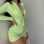 Green Sexy Long Sleeve Mini Dress High Waist V Neck