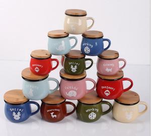 Quality colorful ceramic coffee mug with wooden cap/wooden lid wholesale