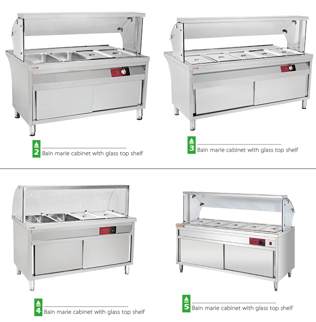 Stainless Steel Bain Marie Cabinet Commercial Working Table With Glass Top Shelf For Hotel