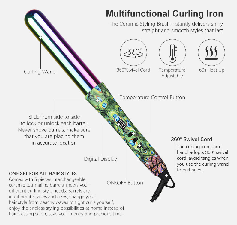 LCD Heat Display Interchangeable Curling Iron Set Beach Waves 5 In 1