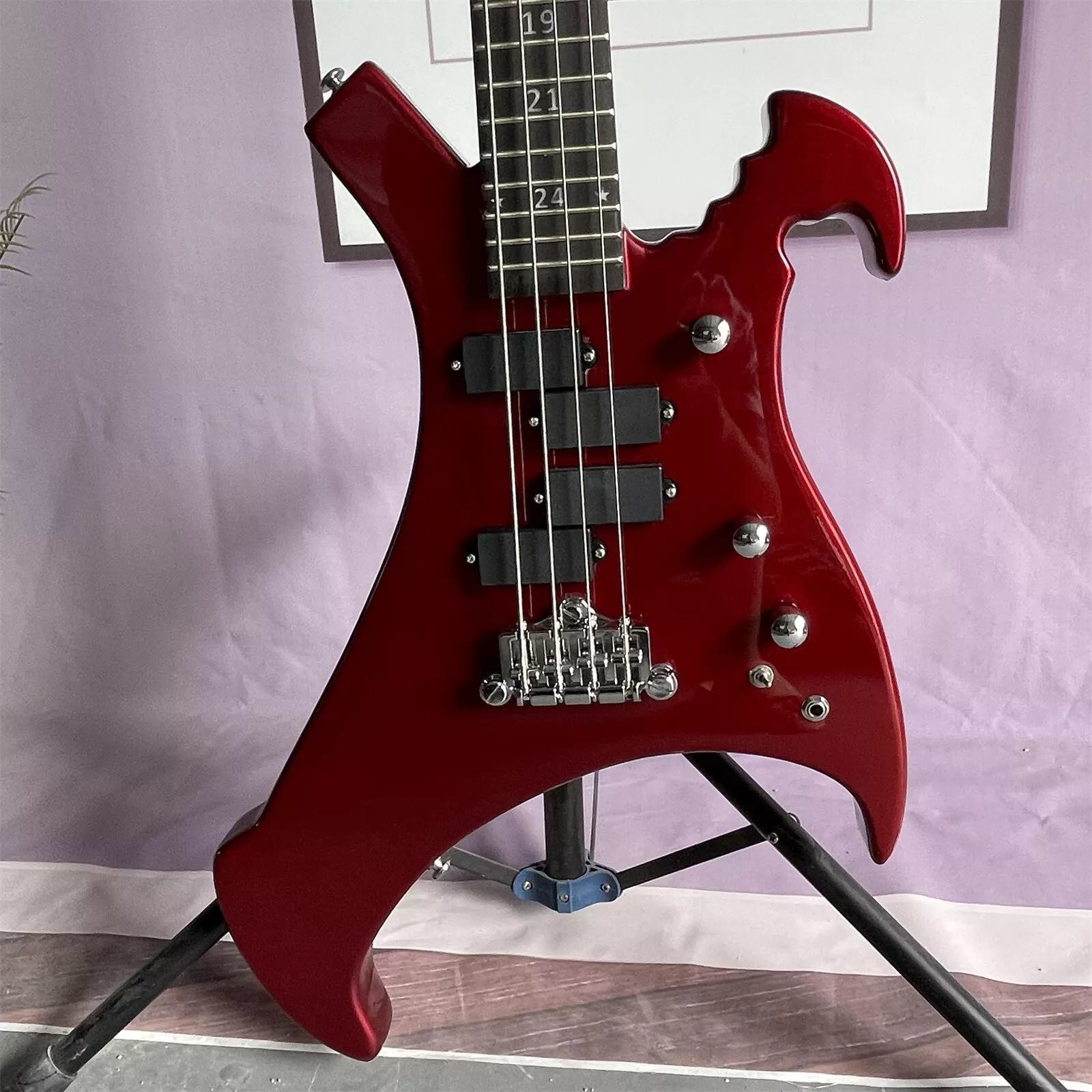 Custom 4 Strings Irregular Special Body Shape Electric Bass Guitar in Metallic Red ​Color Solid Body Maple Neck
