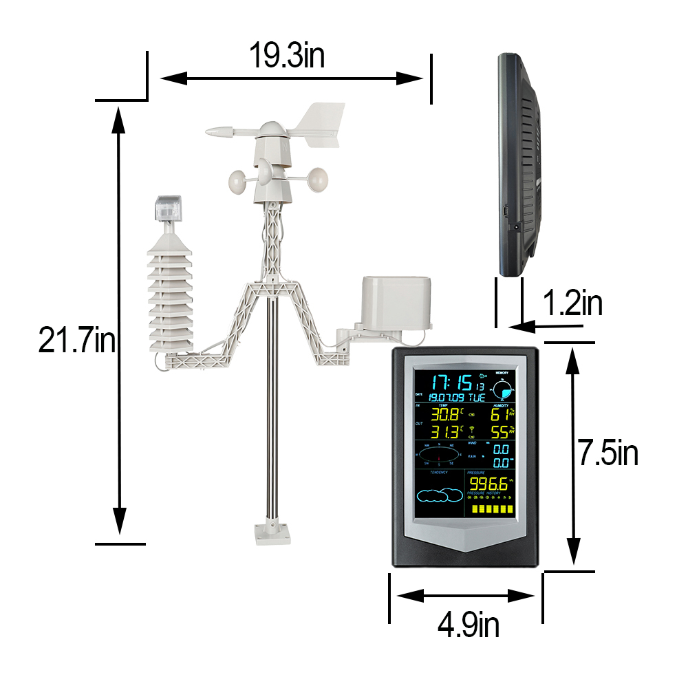 185*123*23mm Size Wireless Indoor Outdoor Weather Station With Sensor And Color Display