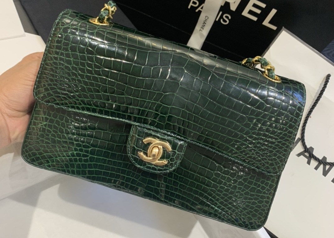 Classic Style Green Croc Crossbody Bag , 25.5cm Crocodile Skin Shoulder Bag