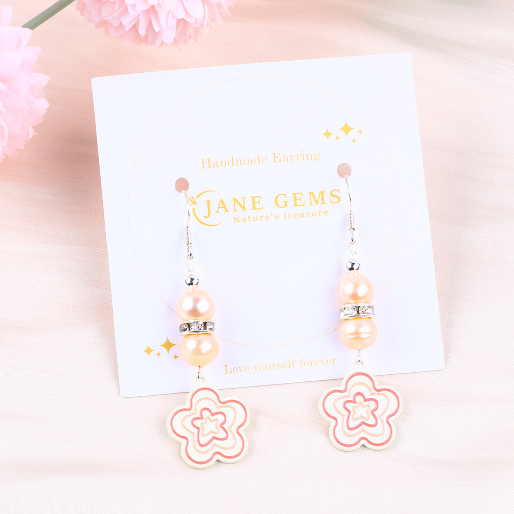 8mm Beads Pink Freshwater Pearls Dangle Hook Earrings Flower Charm
