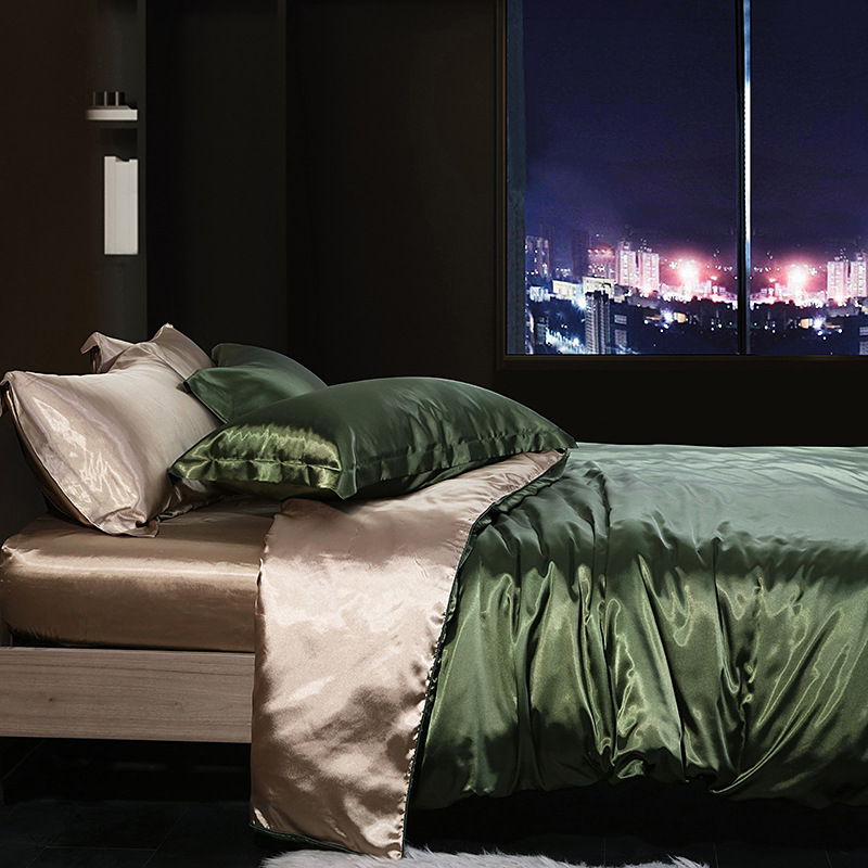 4 Piece 2.8m Green Mulberry Silk Bedding Plain Dyed For Bedroom