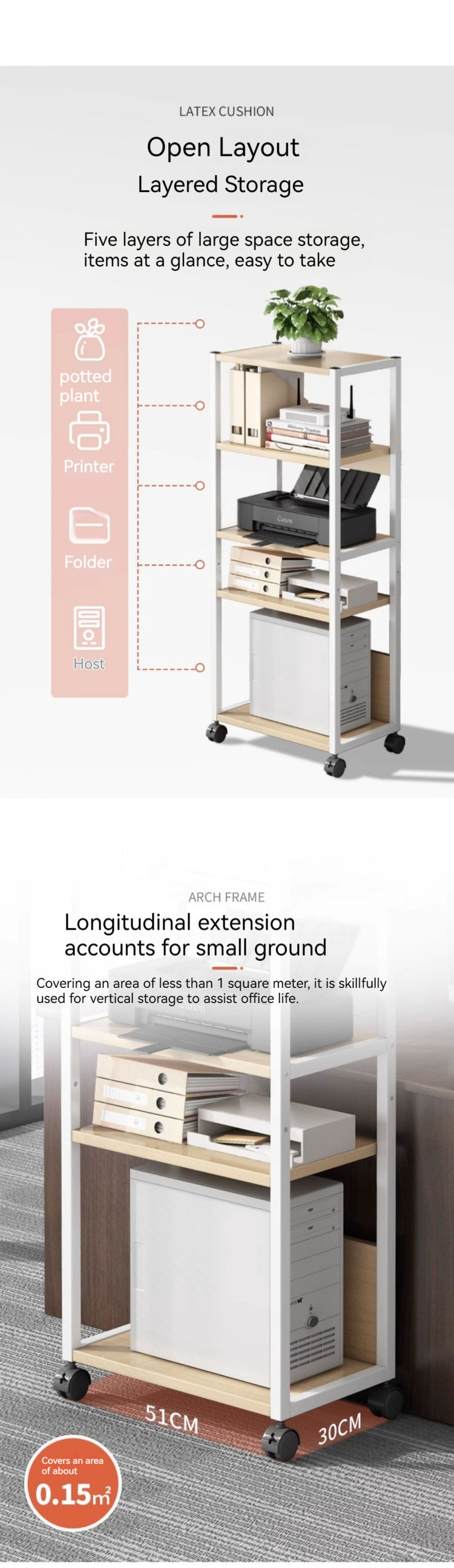 Commercial Furniture 3 Tier Movable Printer Stand Multi-purpose Desk Organizer