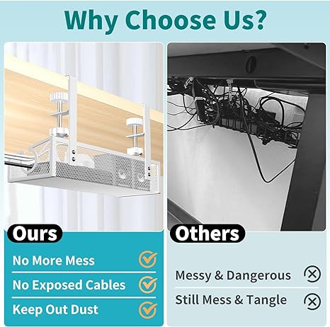 Under Desk No-Drill Cable Basket Metal Wire Cable Tray for Desk Cable Management