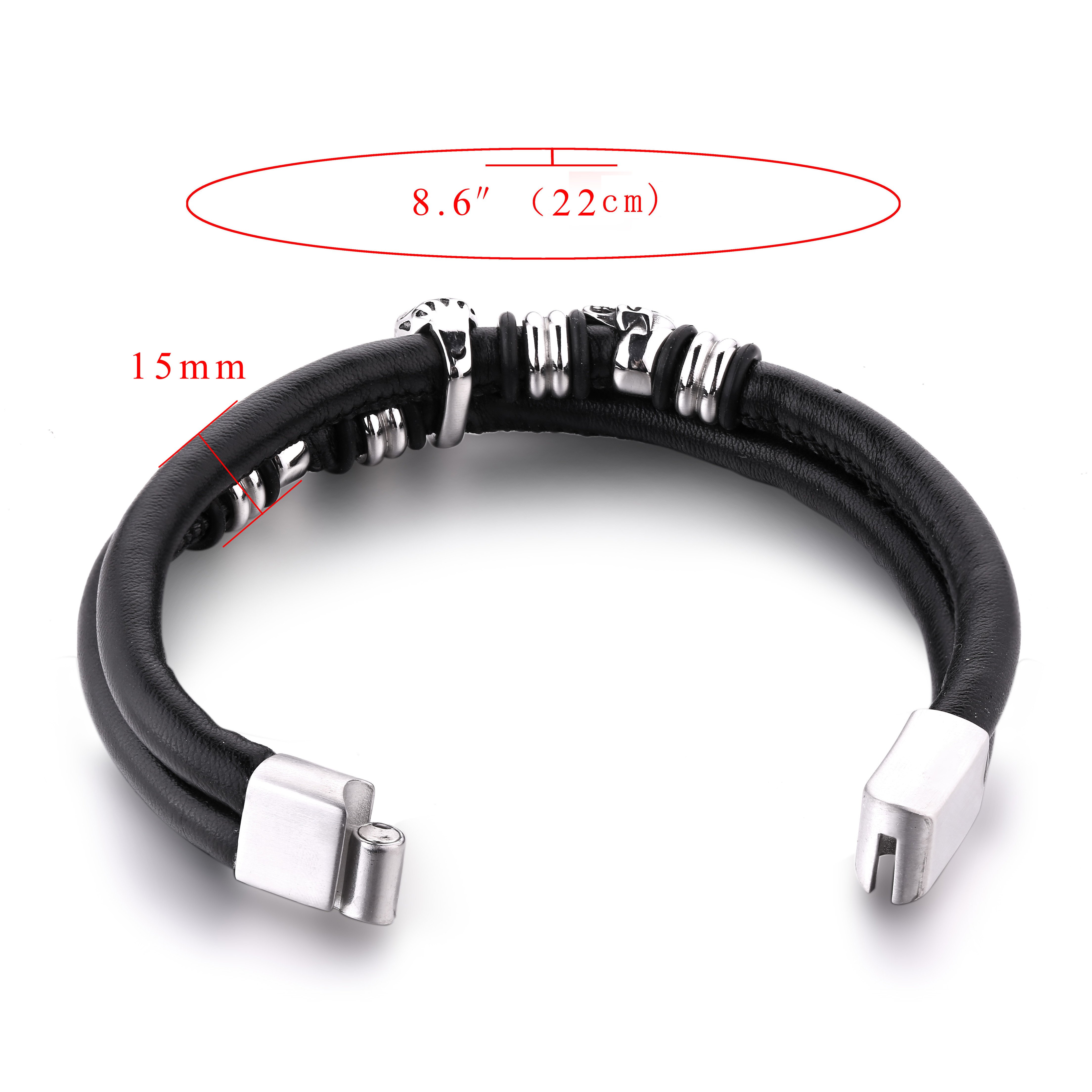 High Quality Stainless Steel Skeleton Skull Bracelet Men Vintage Jewelry Wholesale Black Leather Bracelets