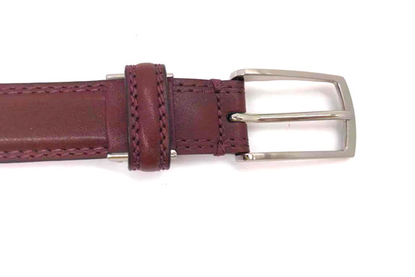 30mm Burgundy Women'S Genuine Leather Belts Feather Edge With Double Stitching