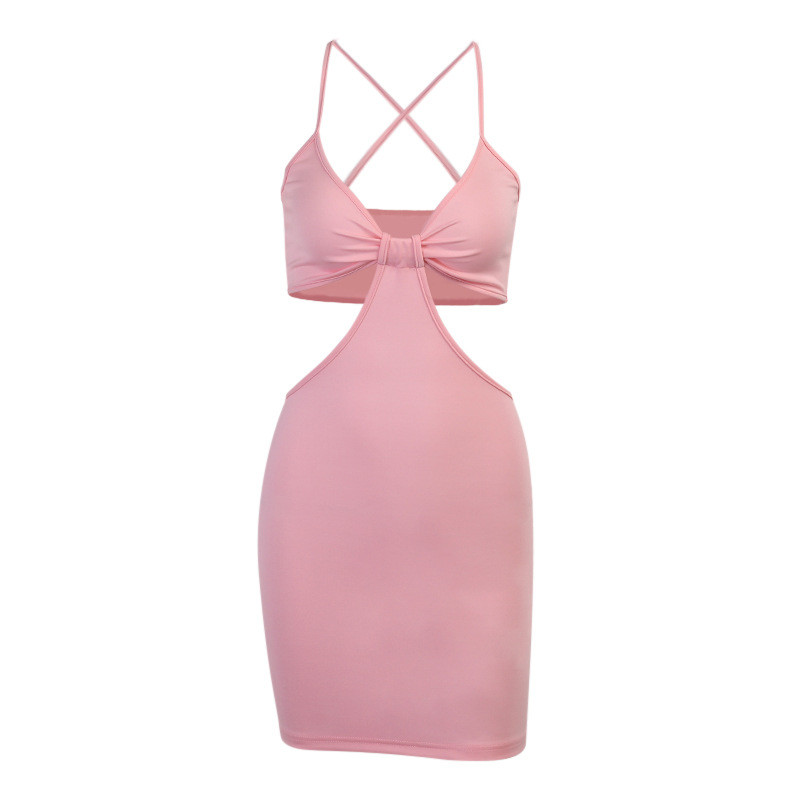 Low Cut Halter Suspender Sexy Women Dresses 61cm Pink High Waist Hollow Stitching