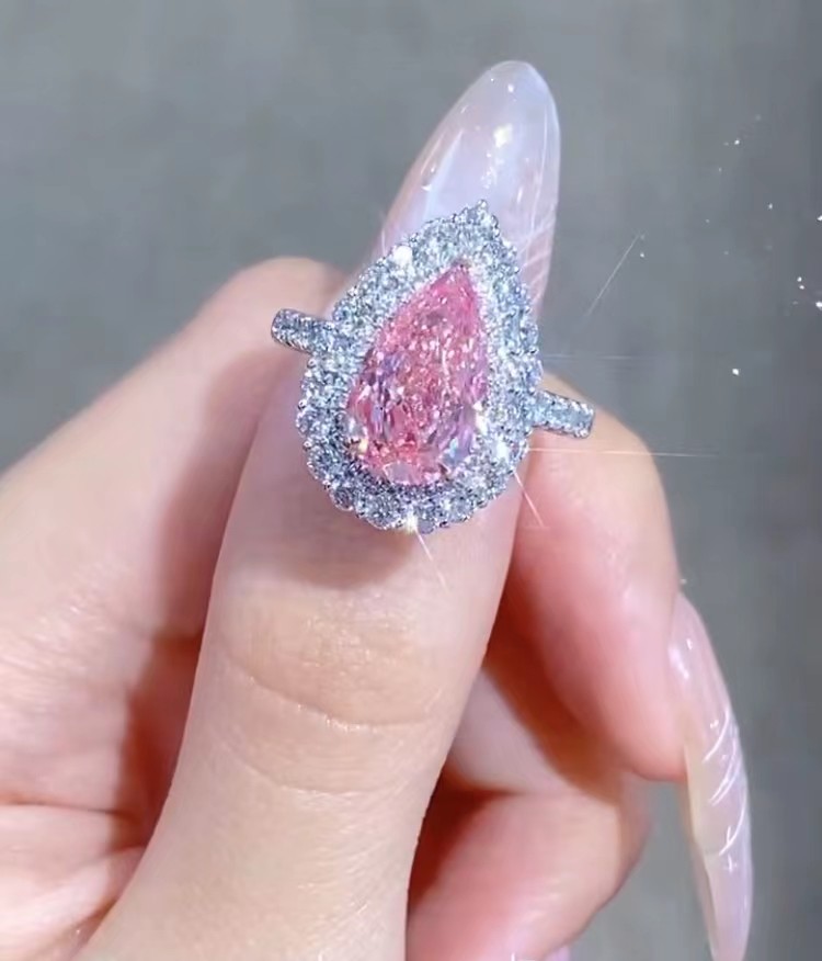 Pear Cut Pink Diamond Engagement Ring Wedding 18K White Gold CVD Diamond Ring