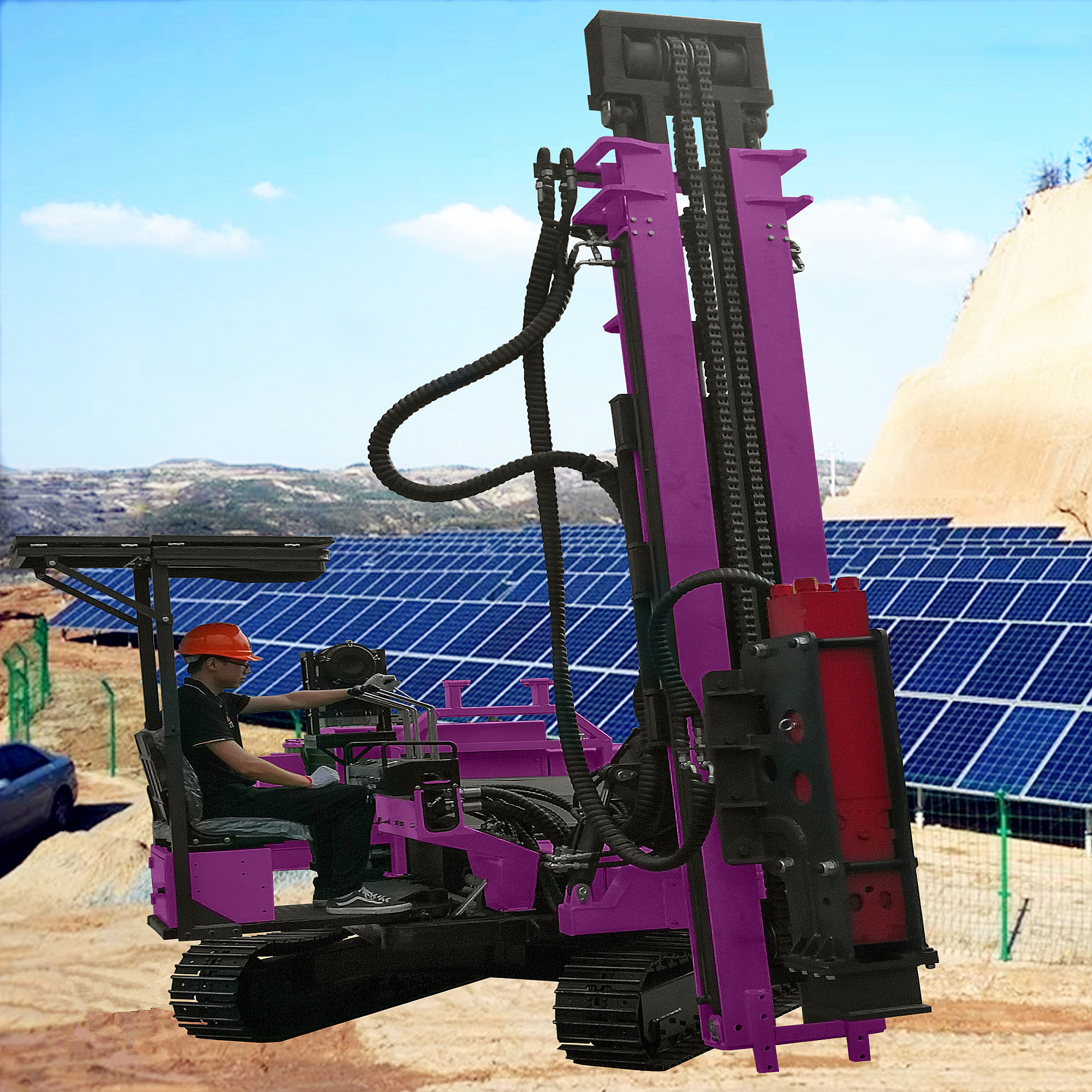 Highway Guardrail Pile Driver Hydraulic Solar Pile Driving Rig With 1.5m.2m.3m Drill Pipe Length And 2km/h Travelling Speed