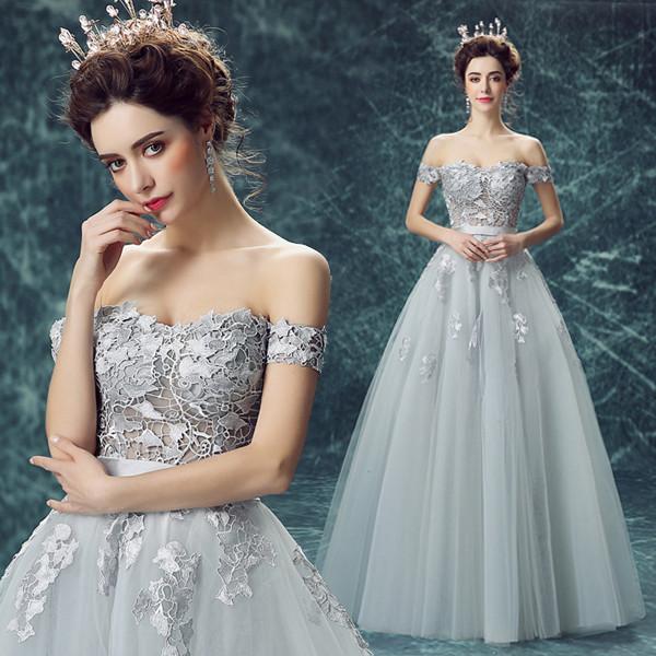 Sexy Off The Shoulder Boat Neck Gray Lace Slim Waist Gorgeous Evening Dress