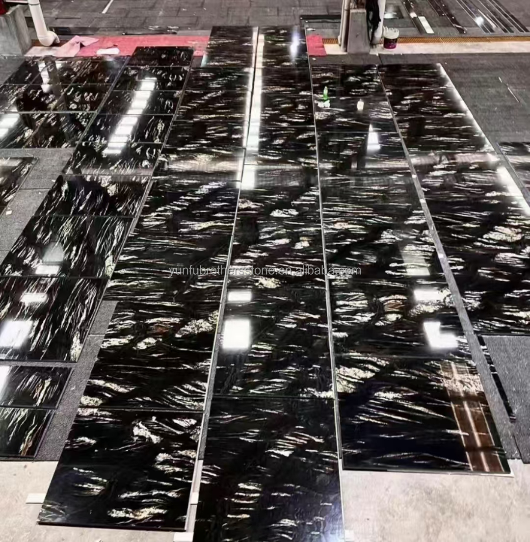 Modern Natural Phoenix Feather Black Gold Marble Stone Stair Steps Tile Big Slab