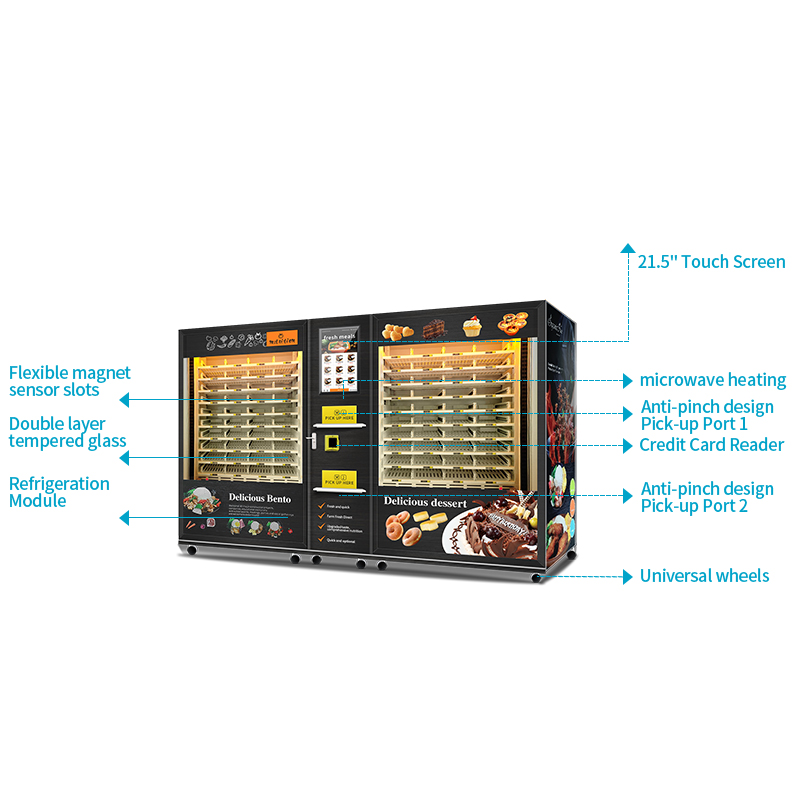 Large Capacity 2 Cabinets Vending Machine for Ready Meals with Microwave Heating And Drinks Cans Cakes Desserts