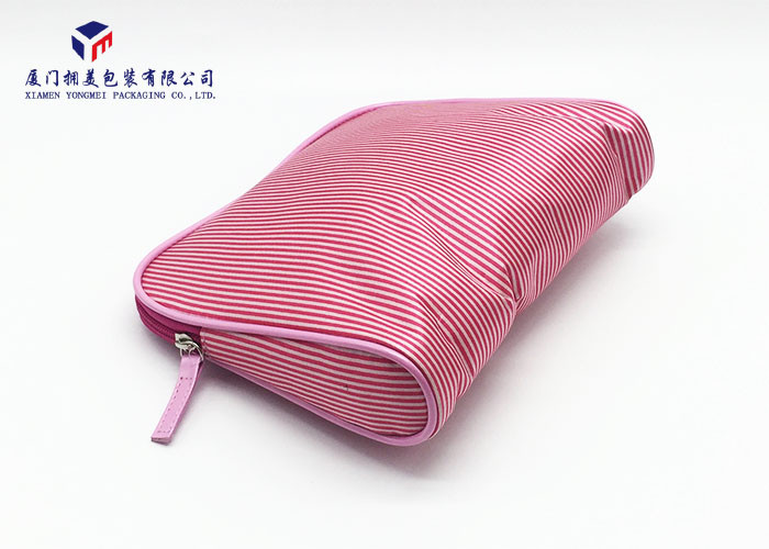 Modern Style Fabric Makeup Bag Pink White Stripe Satin Cloth Size 22X4.5X18cm