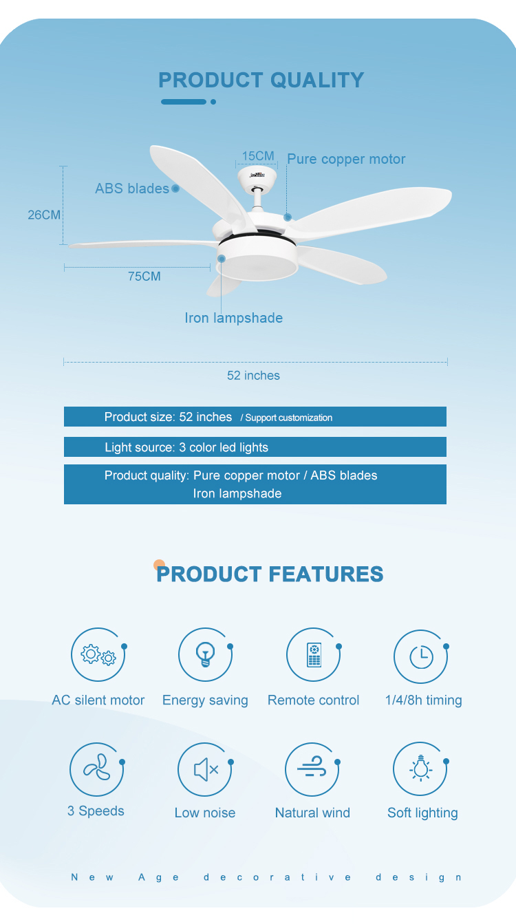 110-240V/50Hz-60Hz 5 ABS White Blades Ceiling Fan with LED Lights and Remote Control