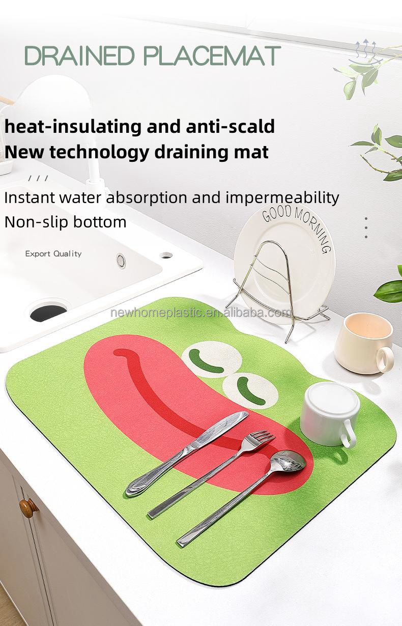 Square Waterproof Anti-Slip Kitchen Dish Draining Mat with Contemporary Cartoon Print