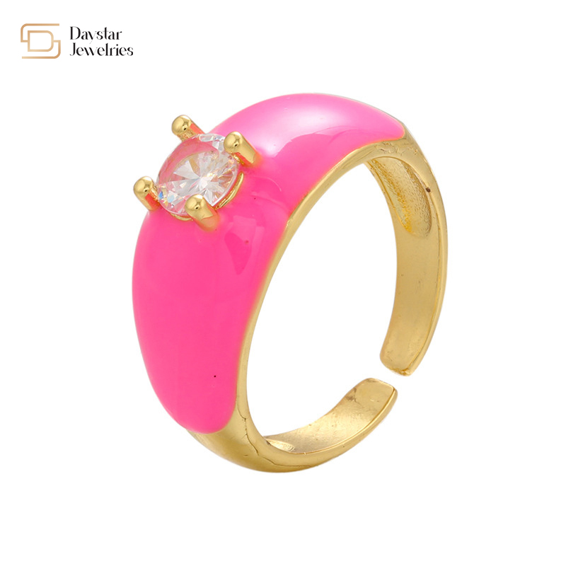 Colorful Summer Diamond Enamel Rings Gold Plated Adjustable Opening Zircon Chunky