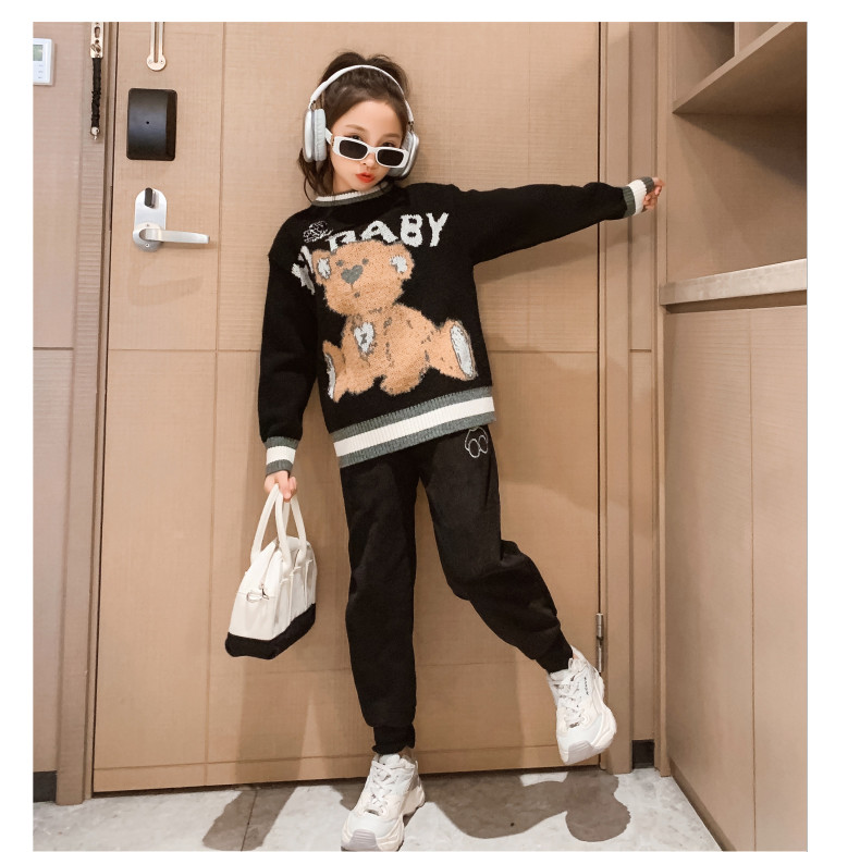 Autumn Warm Knit Jacquard Little Girls Clothes Round Neck