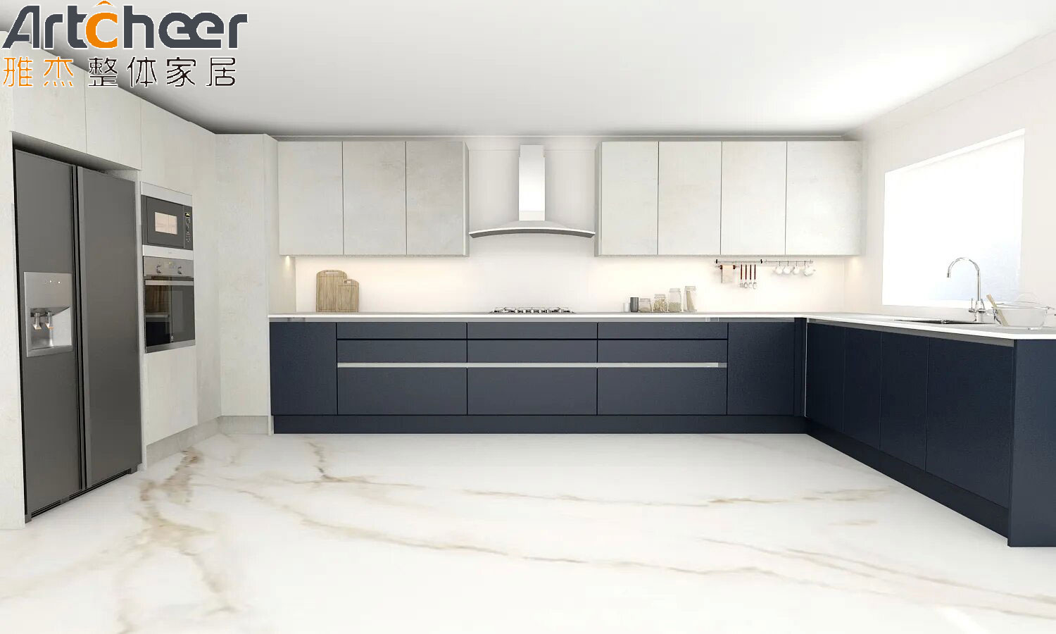 Grey and Blue Color Customized Kitchen Cabinet in L Shape Design for Modern Kitchen from Foshan