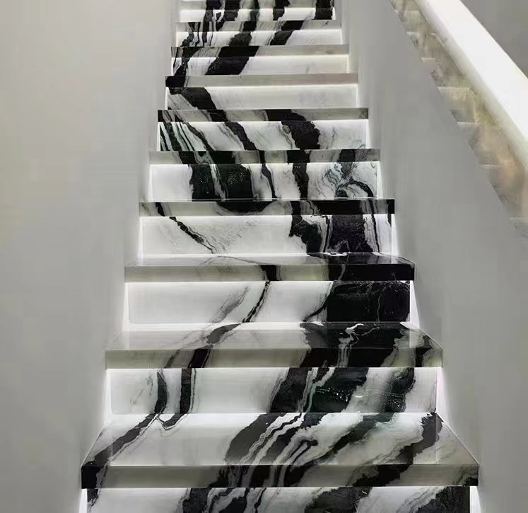 Translucent Chinese Ink Painting Marble Staircase Tiles in Panda White for Lavabo