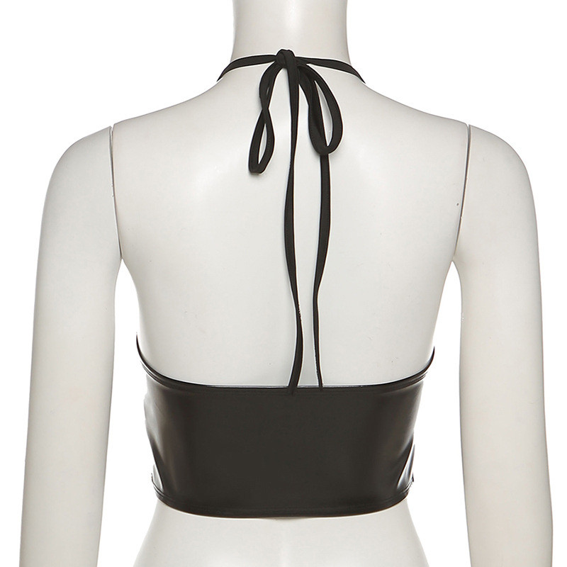 Ladies Lace Up Halter Neck Zipper Black Leather Tank Top