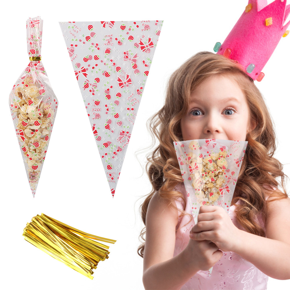 Transparent Cone Bags Cello Bags Sweet Clear Treat Bags with 100 Pieces Twist Ties