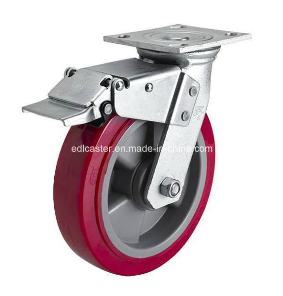 Ball Bearing 6mm Thickness Edl Heavy Duty 8" 450kg Plate Brake TPU Caster Wheel