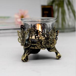 Quality Antique Brush Gold metal hollow Candle holder with butterfly /rose design and telight cup wholesale