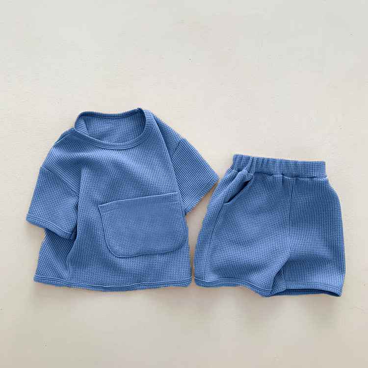 Custom Toddlers Waffle Fabric 2Pcs Cotton Embroidery T Shirts Set Summer Loungewear