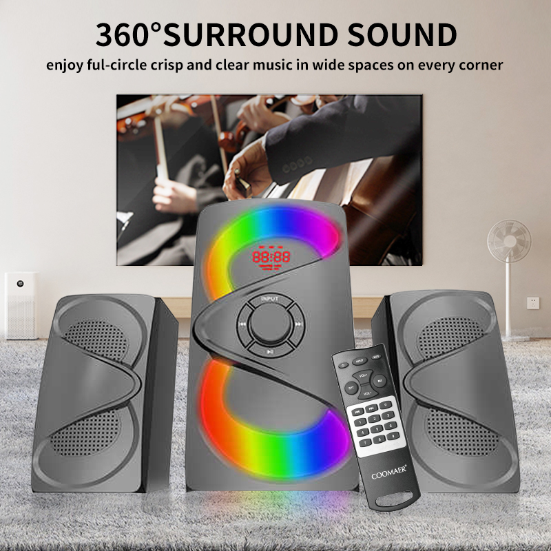 USB/SD/FM/BT/Remote Control Speaker Active Surround Audio Subwoofer with LED Light and Wood Design
