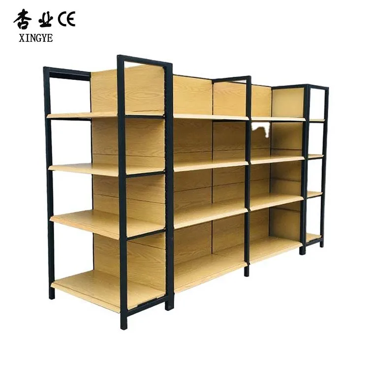 Factory customized color size wood grain shelf supermarket display shelving miniso supermarket shelving