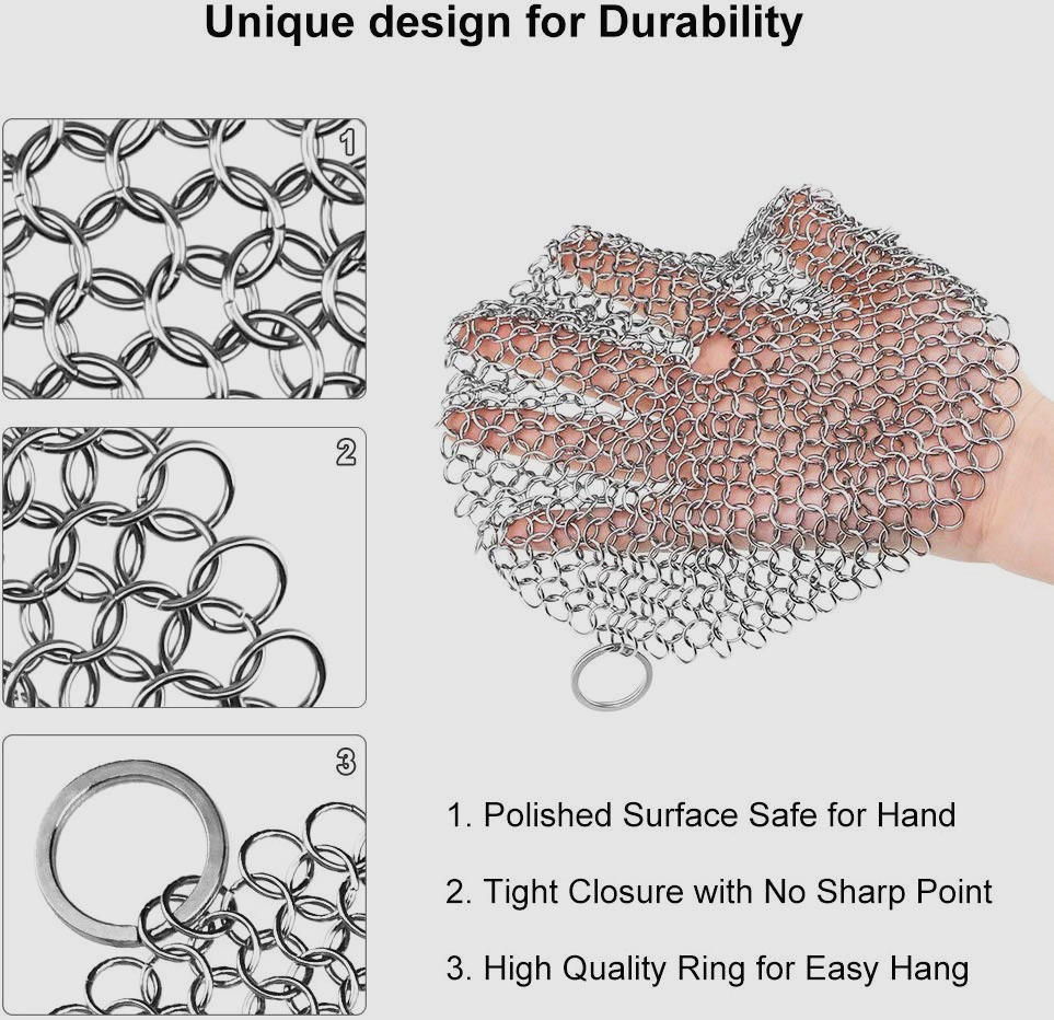 316 Stainless Steel Food Grade Kitchen Chainmail Scrubber For Cast Iron Cleaner