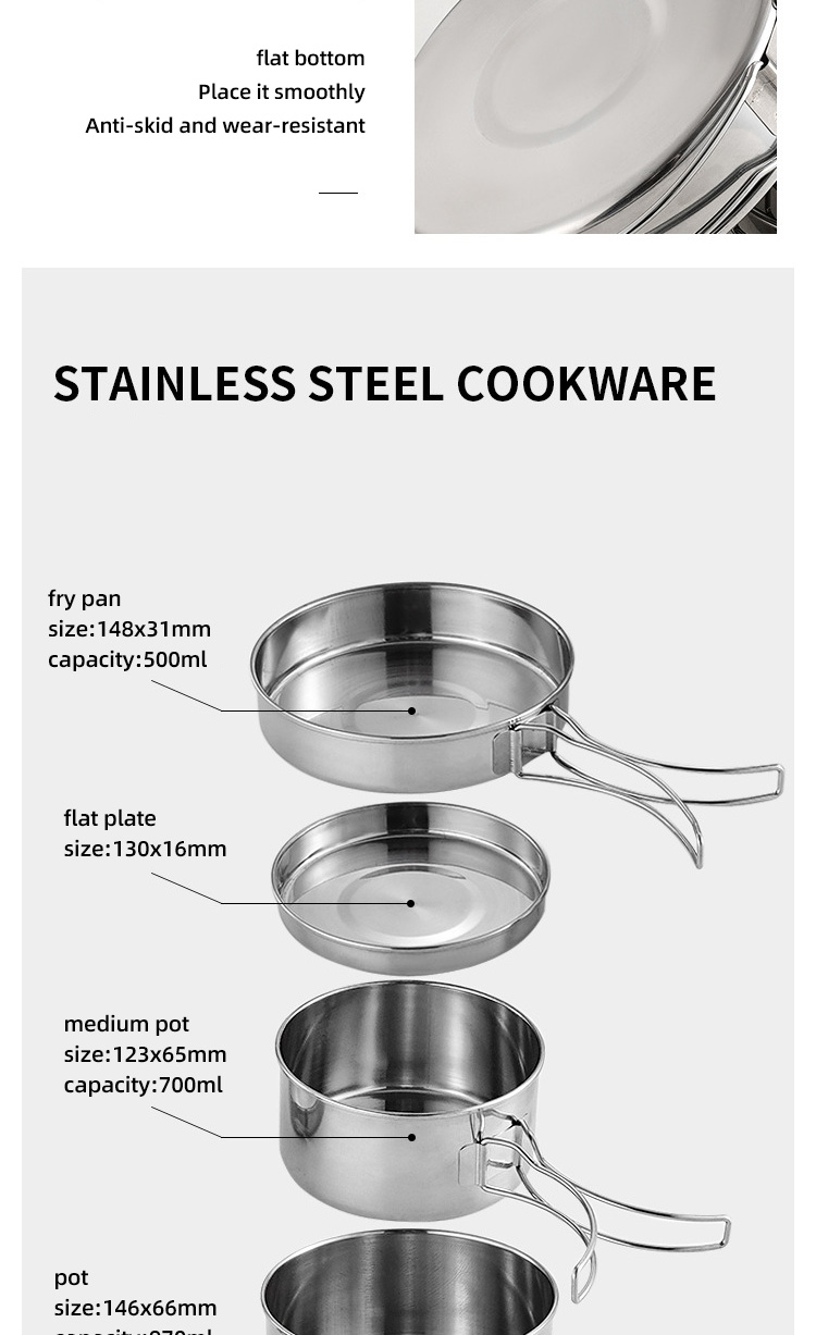 Multifunction 4 Pieces Outdoor Cookware Set Stainless Steel Titanium Pots