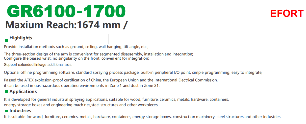 Painting robot for furniture, metal, hardware, GR6100-1700 payload 10kg reach 1674mm