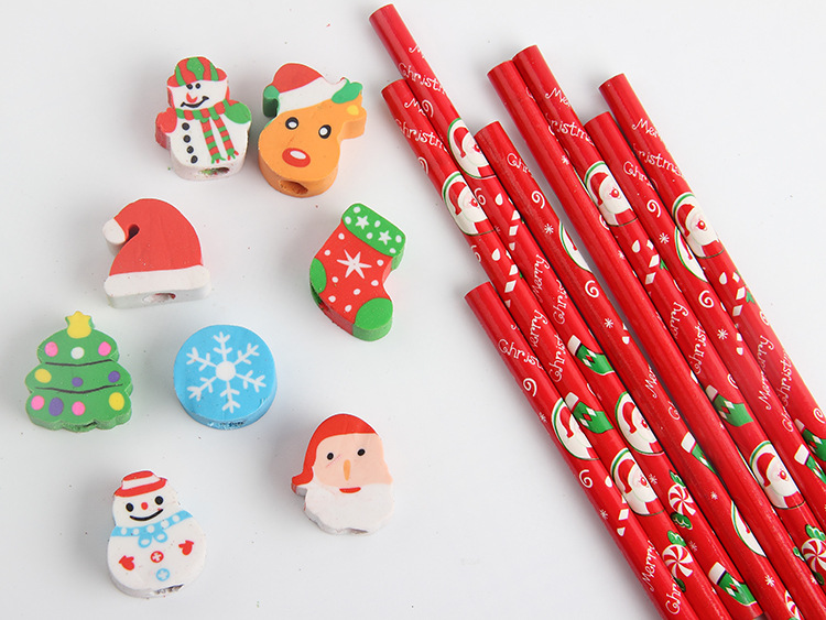 Children School Supplies Christmas Cartoon Eraser Pencil Set with Red Wood Pencils