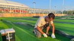 Rubber Granules / Quartz Sand Artifical Football Pitches Weaving Technique Dtex