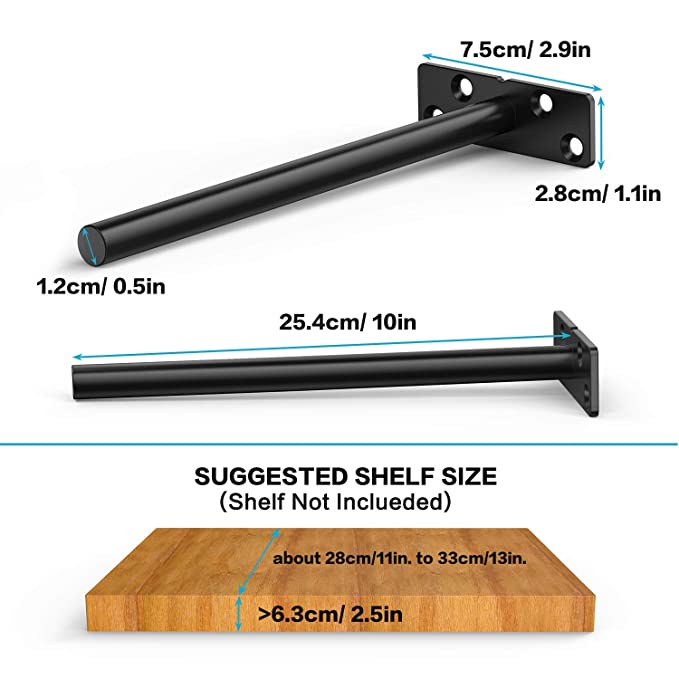 Wall Mount Hidden Floating Shelf Brackets Rust Proof Stainless Steel 10" Retro Black DIY Floating Shelf Brackets