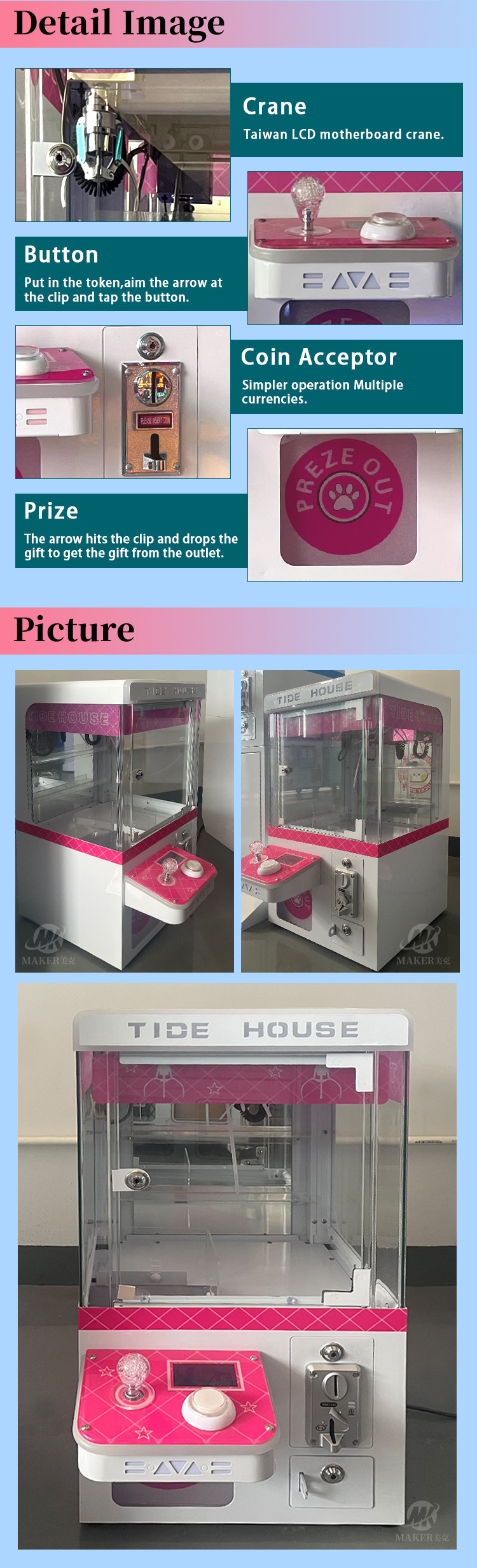Mini Claw Crane Machine 1 Player Aluminum Table Top Toy Claw