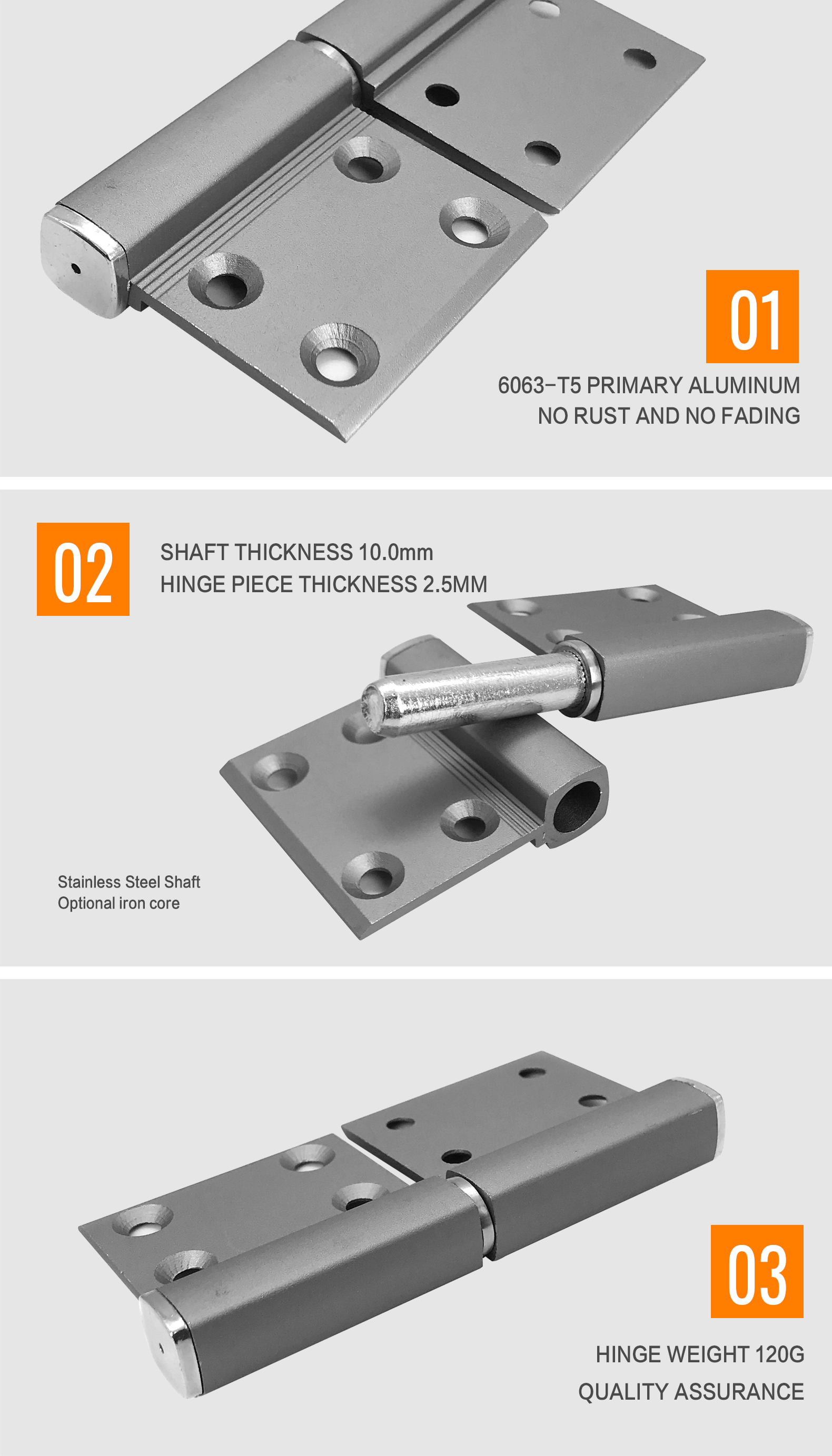 6063-T5 Heavy Duty Aluminum Hinge 4 Hole For 2 Metre Height Door