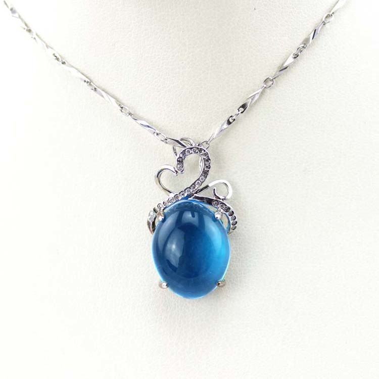 Sterling Silver Oval Created BlueTopaz Dome Cubic Zircon Gemstone Pendant Silver Chain(PSJ0343)