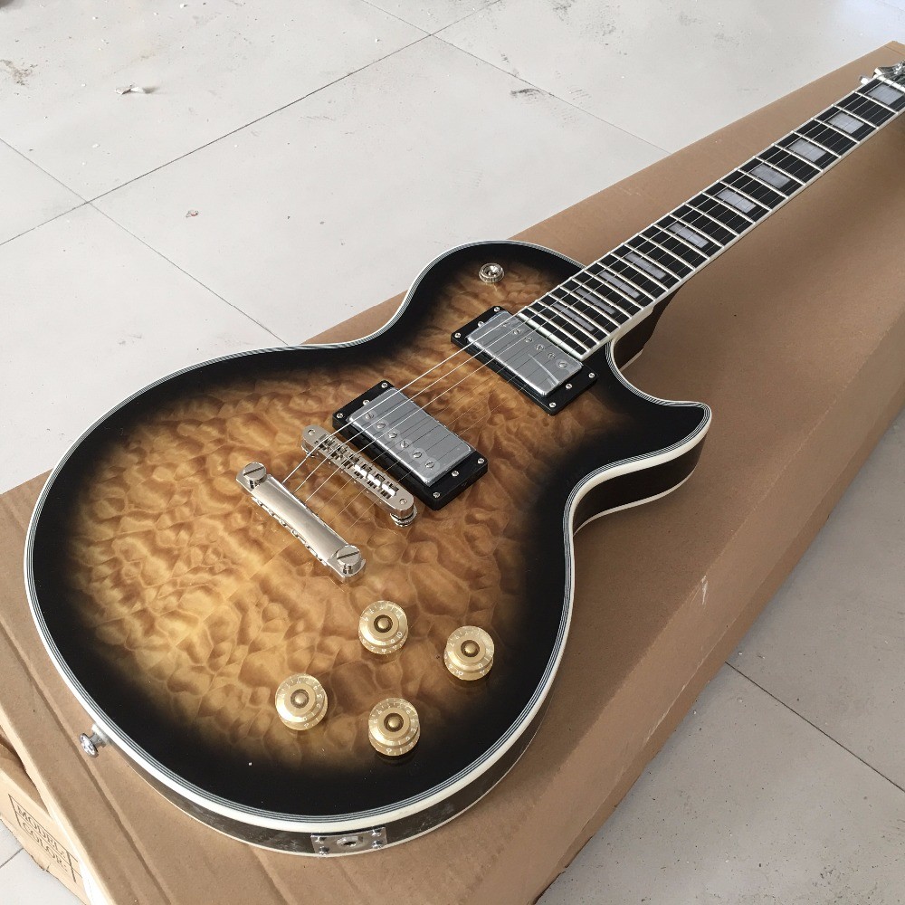 NEW Arrival Custom Electric Guitar with TonePros, Ebony fretboard-fret nib binding, Quilted Maple Top & Back, in Brown