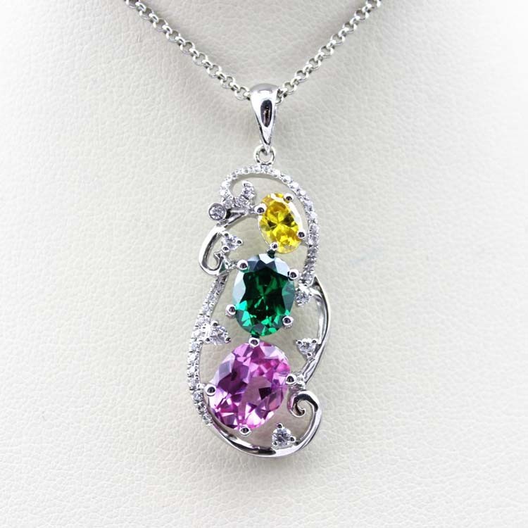 925 Silver Jewelry Oval Mix Blue Red Cubic Zircon Three Stones Pendant Necklace (PSJ0378)