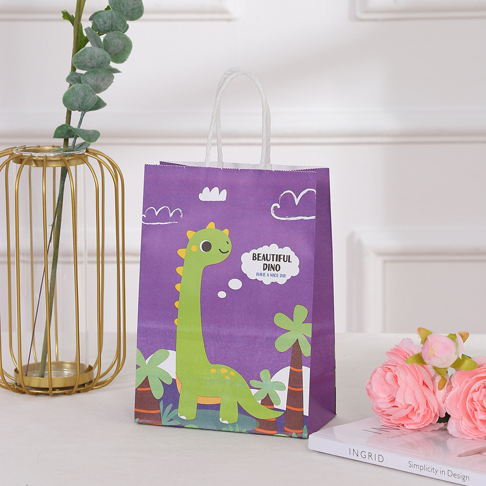 Brown Kraft Paper Dinosaur Hand Printed Cartoon Shopping Bag for Clothing in Shopping Mall