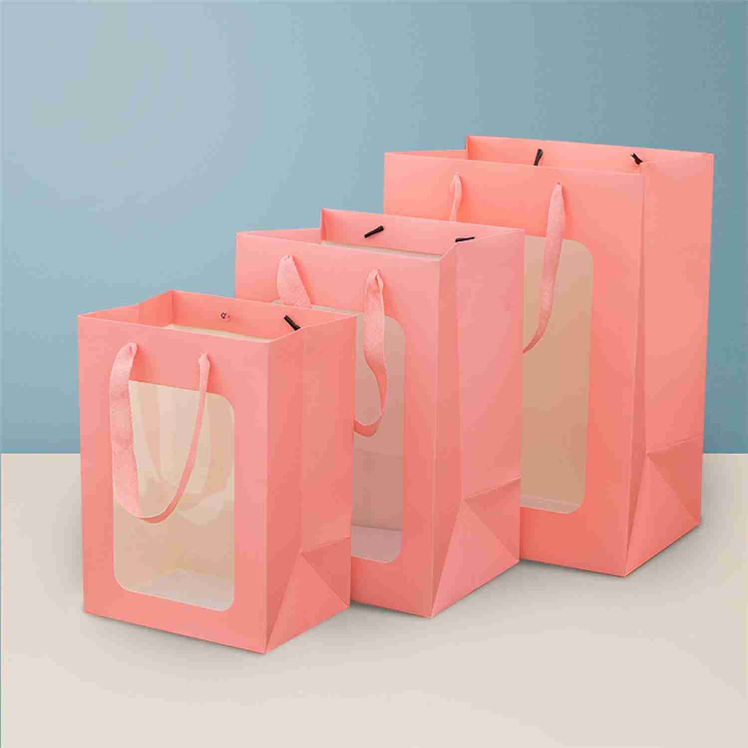 FSC Gift Doll Kraft Floral Paper Bag With PVC Transparent Window
